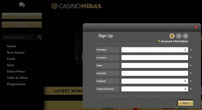 Registro en casino Midas